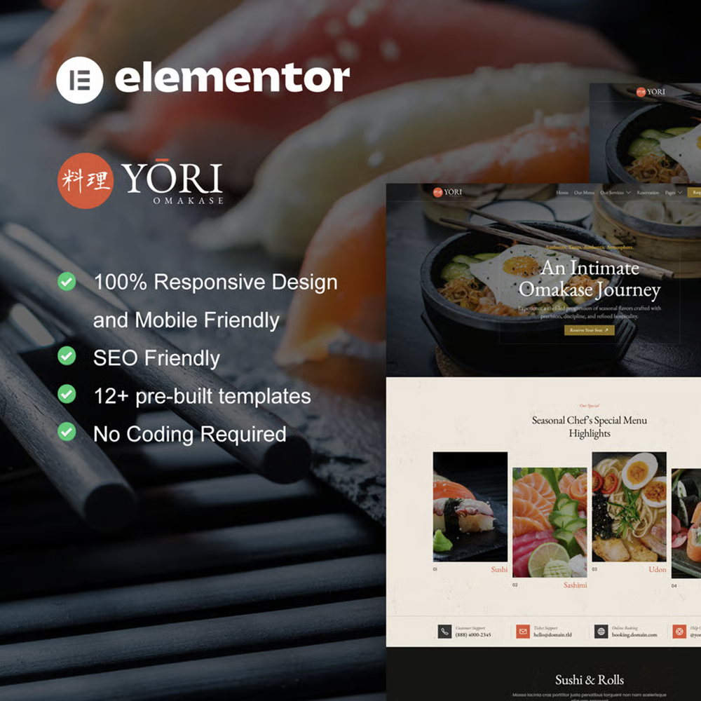 Yori-日式餐厅 & 美食 专业版 Elementor 模板套件
