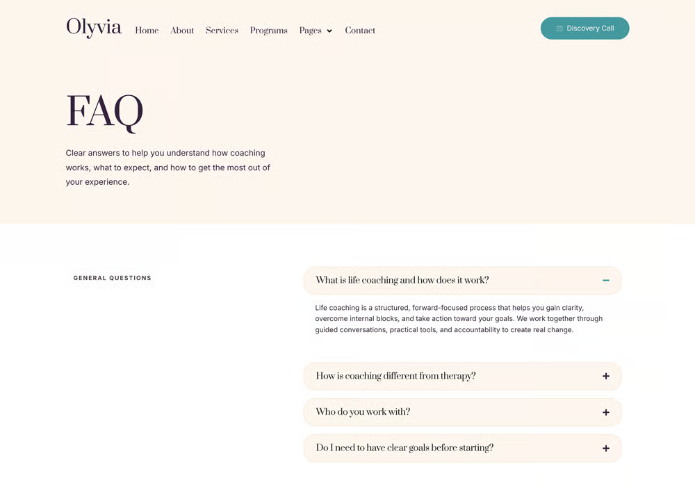 Olyvia-人生教练与个人成长 专业版 Elementor 模板套件 Preview 3