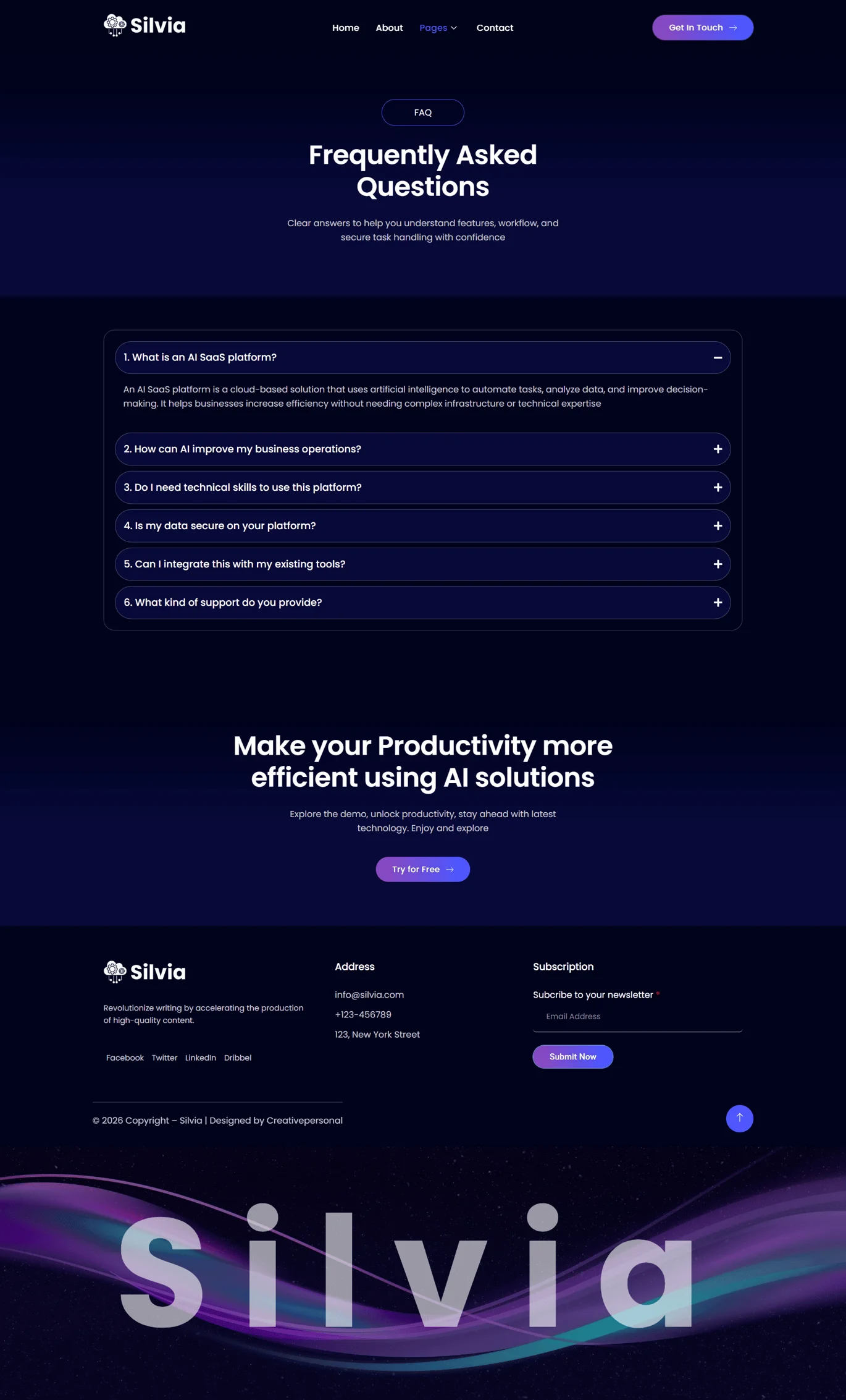 Silvia – 人工智能 SaaS 初创企业 Elementor 模板套件 Preview 3