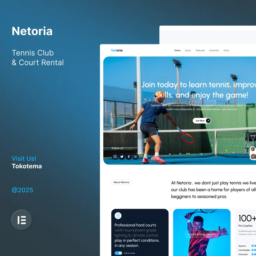 Netoria-网球俱乐部与场地租赁网站 Elementor 模板套件