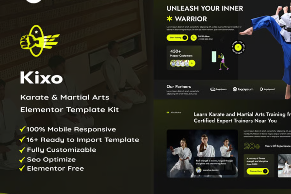 Kixo–空手道与武术学校 Elementor 模板套件