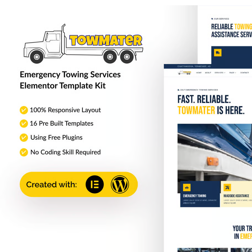 Towmater–应急拖车服务 Elementor 模板套件