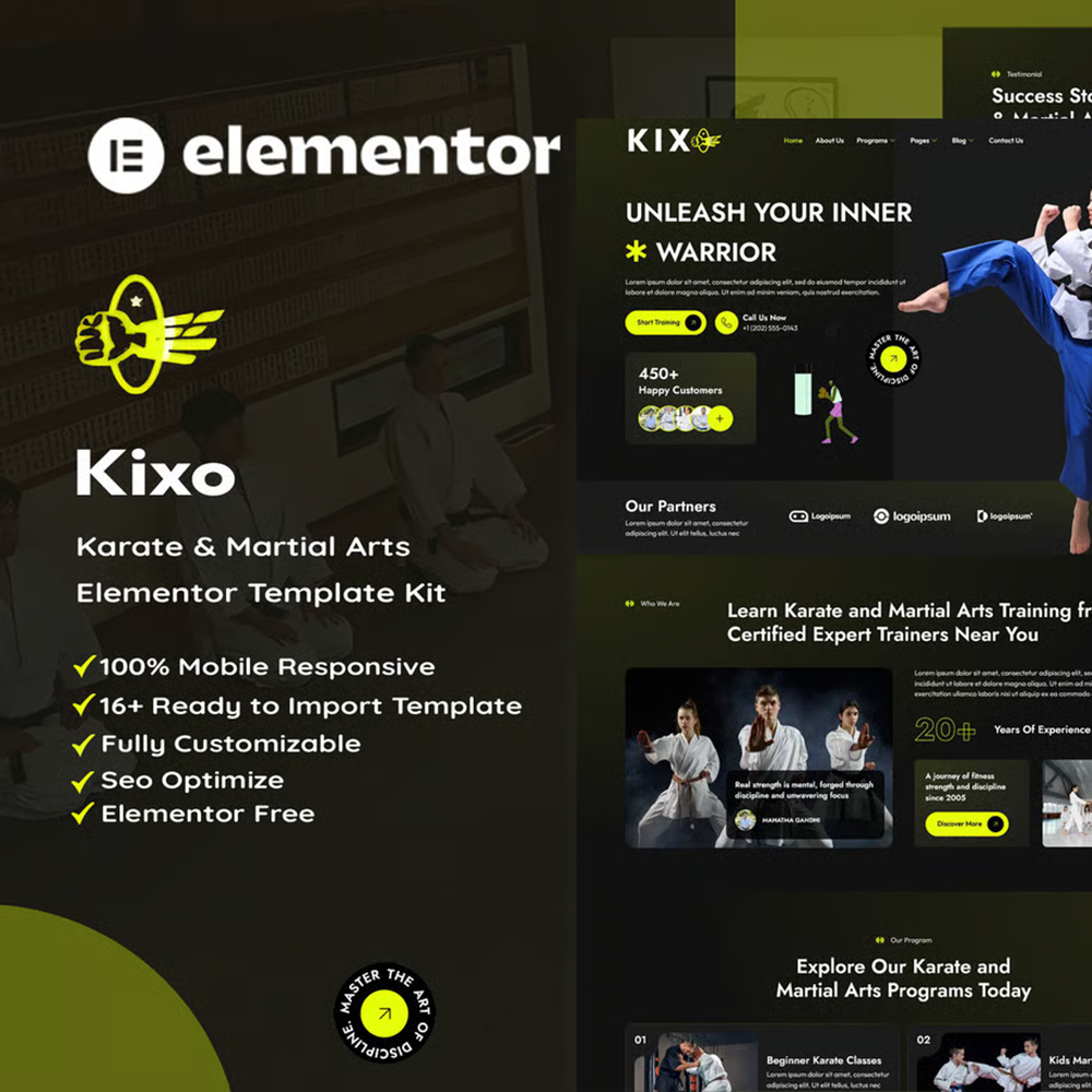Kixo–空手道与武术学校 Elementor 模板套件