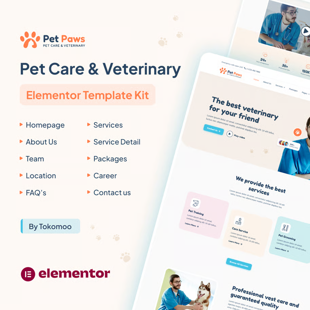 Pet Paws-宠物护理与兽医诊疗 Elementor 模板套件