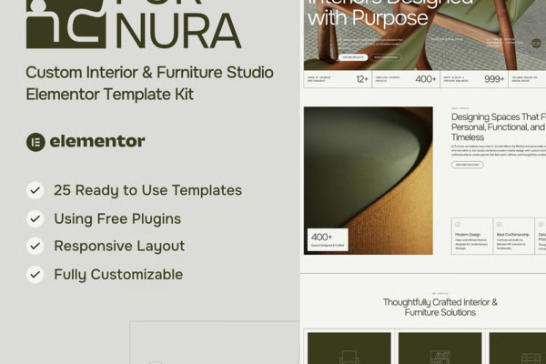 Furnora – 定制室内设计与家具工作室 Elementor 模板套件