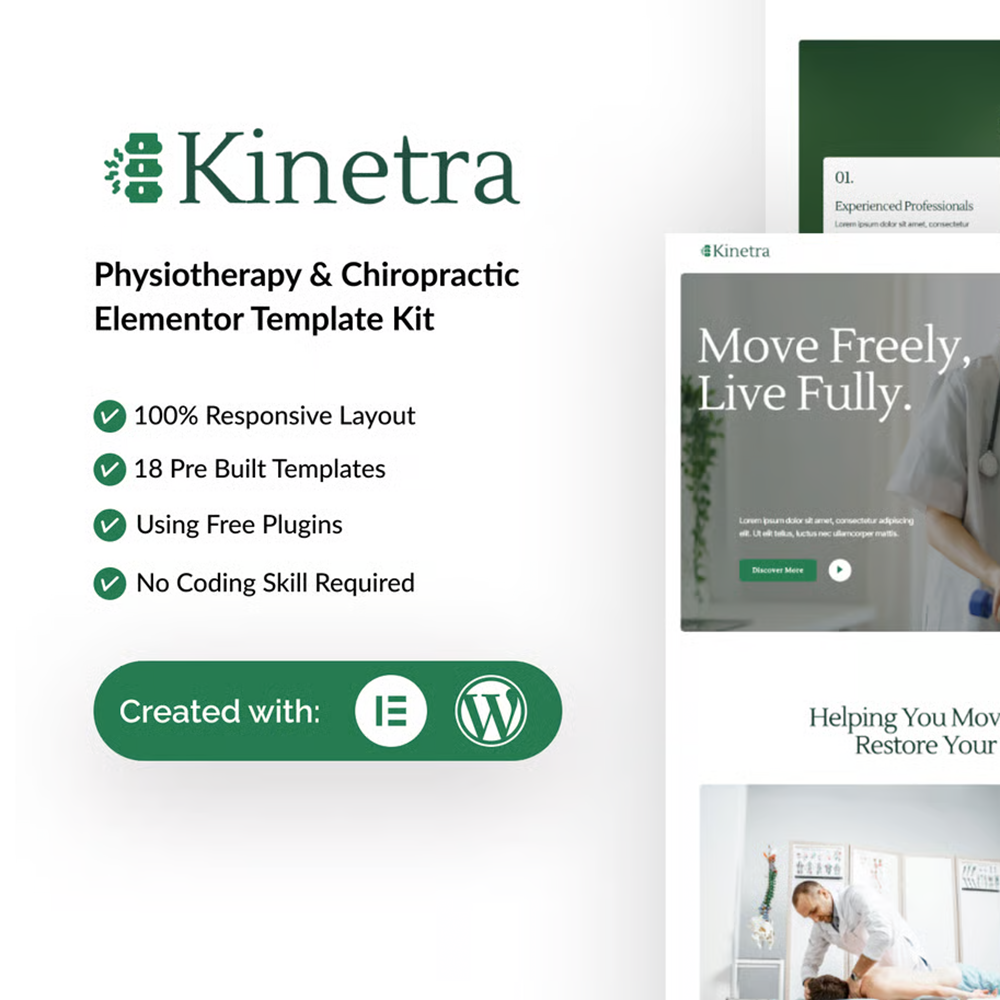 Kinetra -理疗与脊椎矫正 Elementor 模板套件
