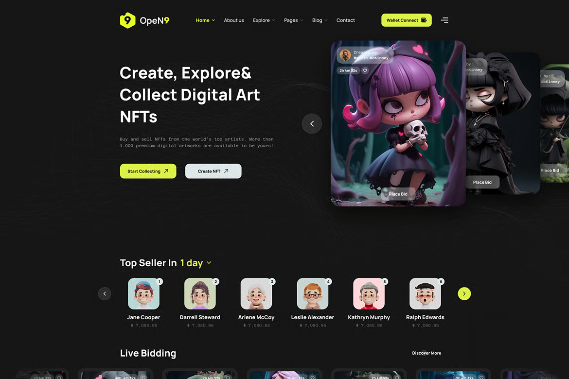 Open9 -NFT 交易市场 HTML 模板 Preview 1
